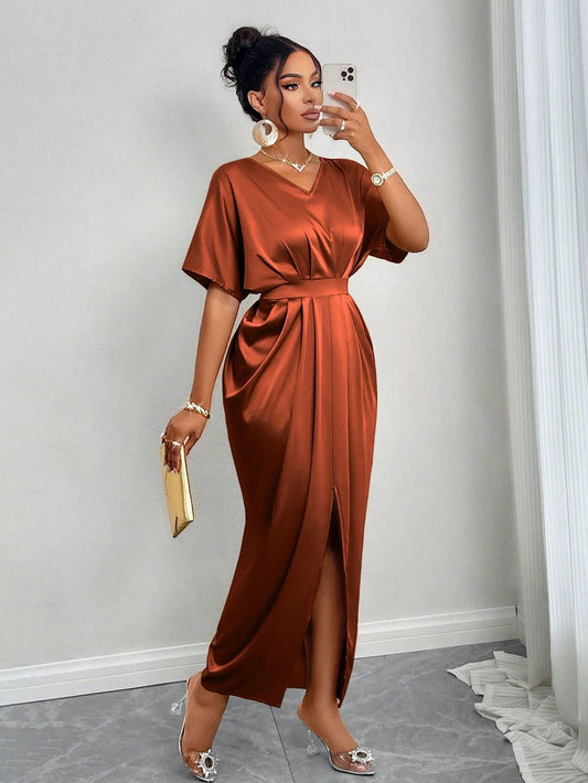 Elegant Satin Wrap Dress – Rust Maxi Dress with Slit & Belt
